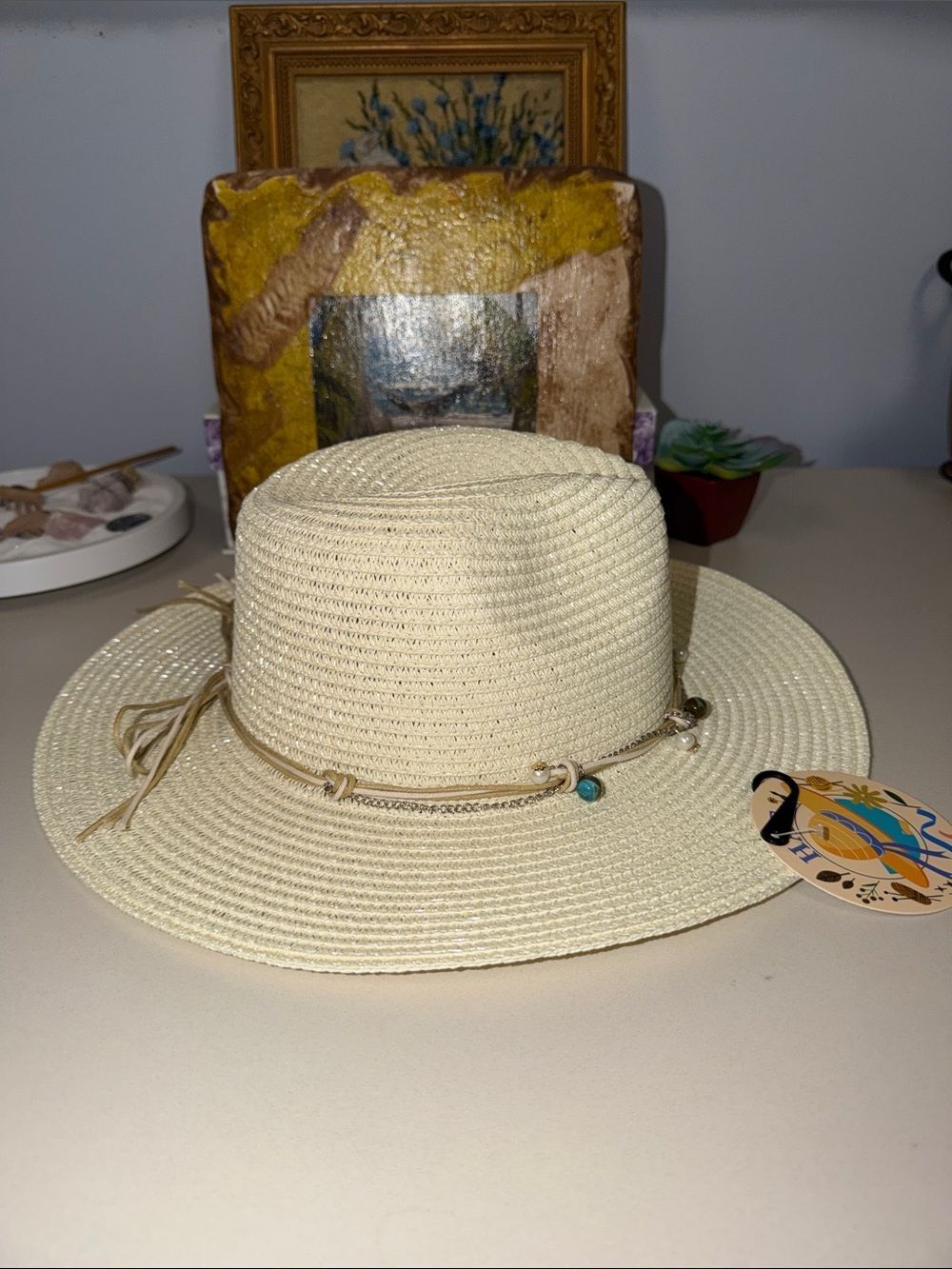 ROYAL Ivory Beaded Silver Tone Chain Triple Cord Tie Coastal Boho Straw Sun Hat